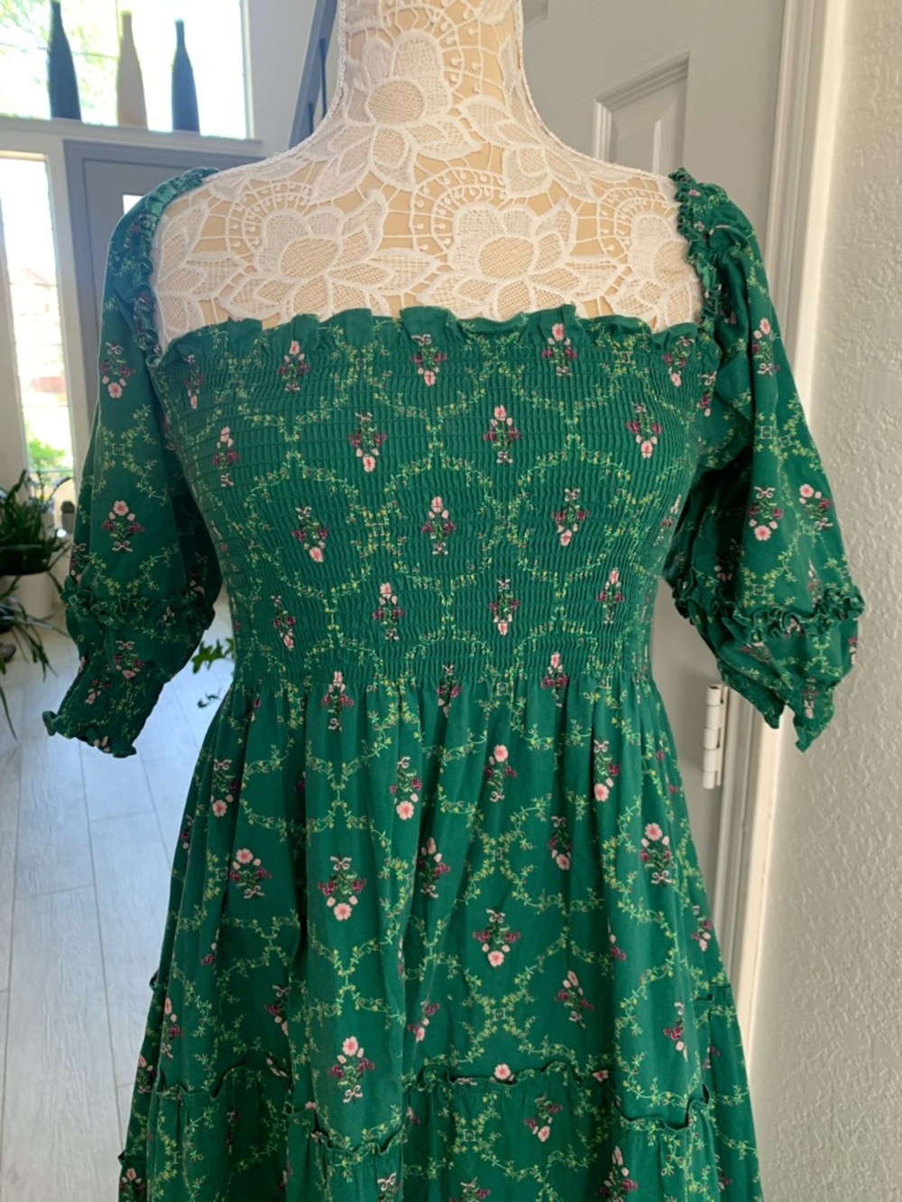 Hill House Nesli Nap Dress Emerald Trellis Smocked Floral Midi Medium - Picture 3 of 8